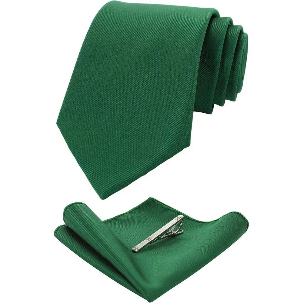 Men's Green Solid Color Formal Necktie And Pocket Square Tie Clip Sets